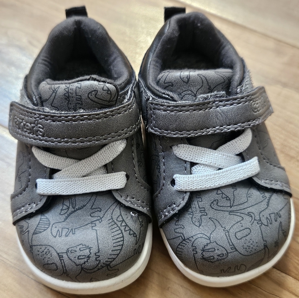 Carter's Gray and White Dinosaur Pattern Sneakers with Velcro and Laces